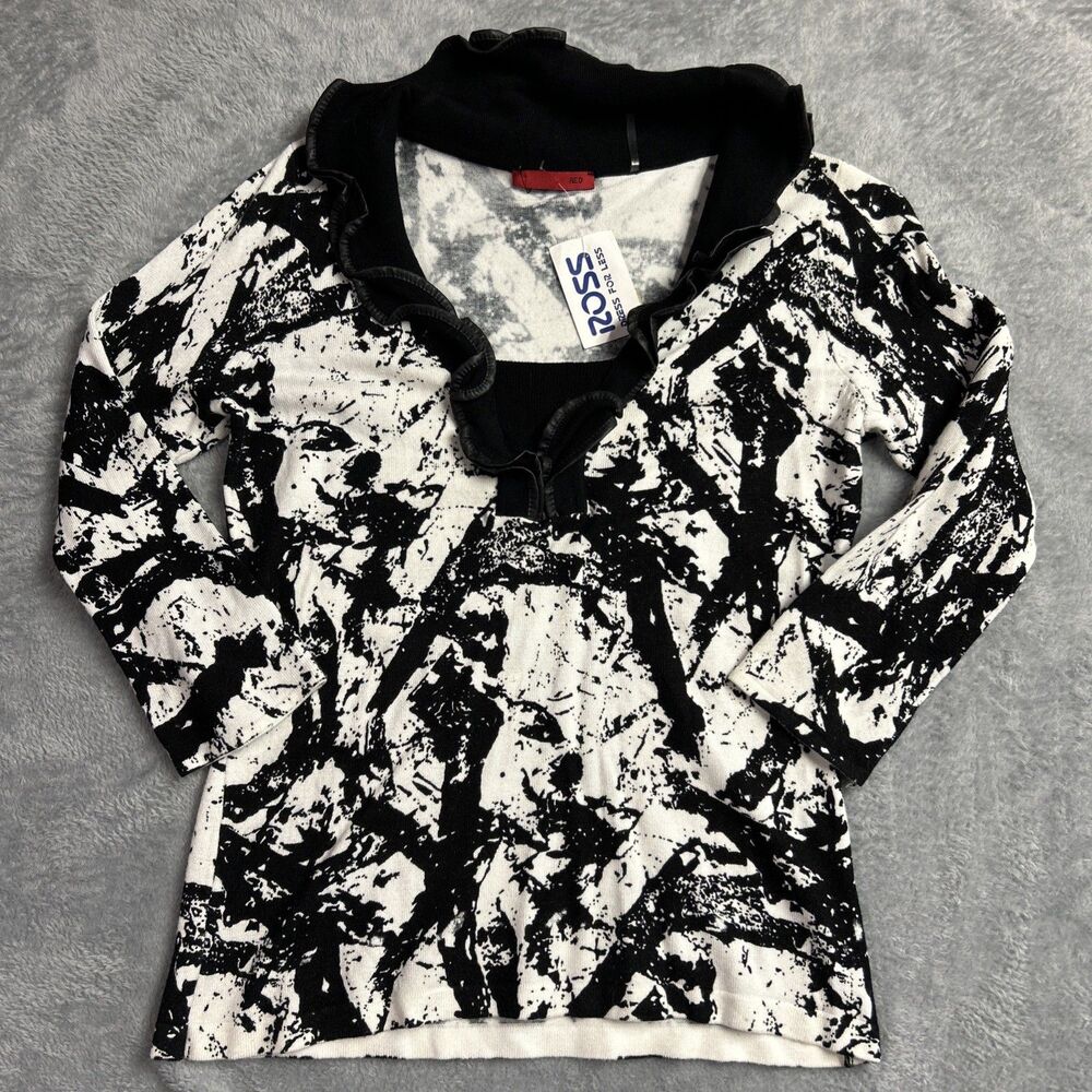 Artsy Ink Blot Ruffle Womens Knit Shirt Top Red Brand Sz. M Black/White NWT